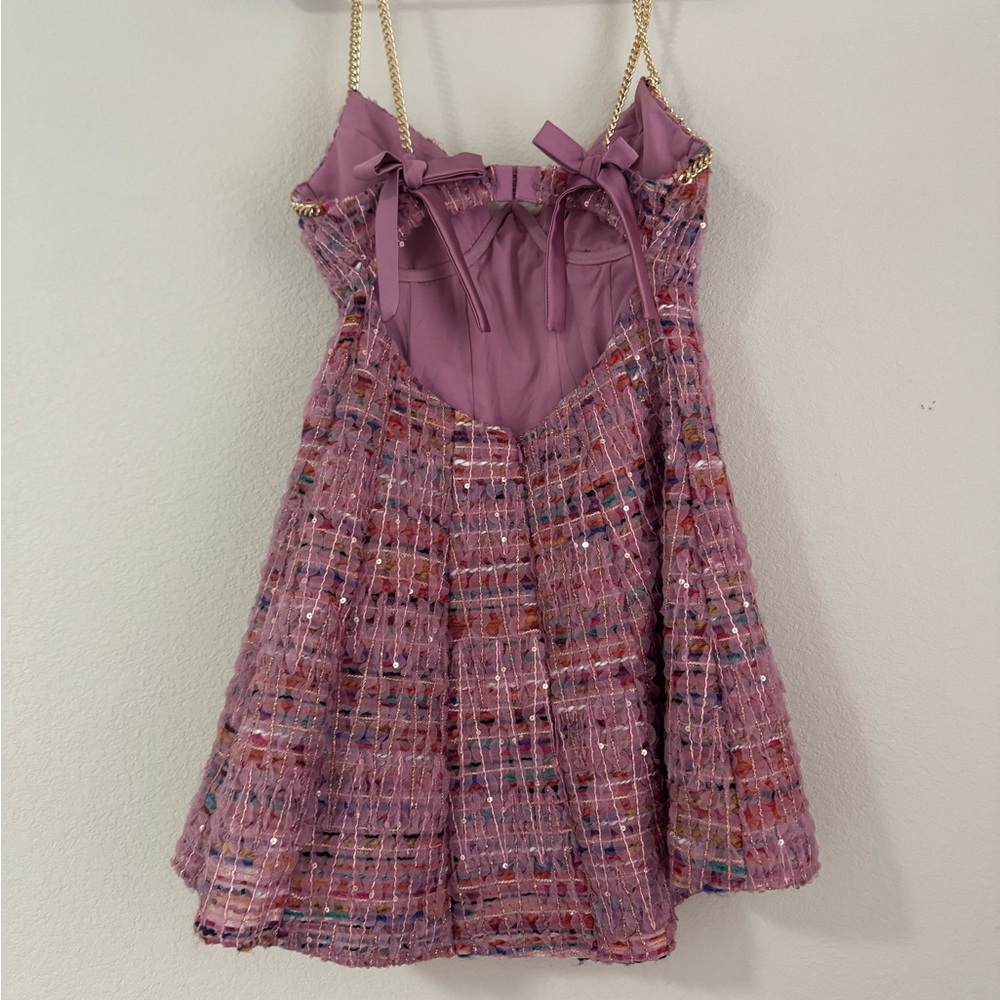 For Love & Lemons Plaid Pink Multi Mini Dress Celine Tweed Chain (S) Like New - Picture 8 of 13
